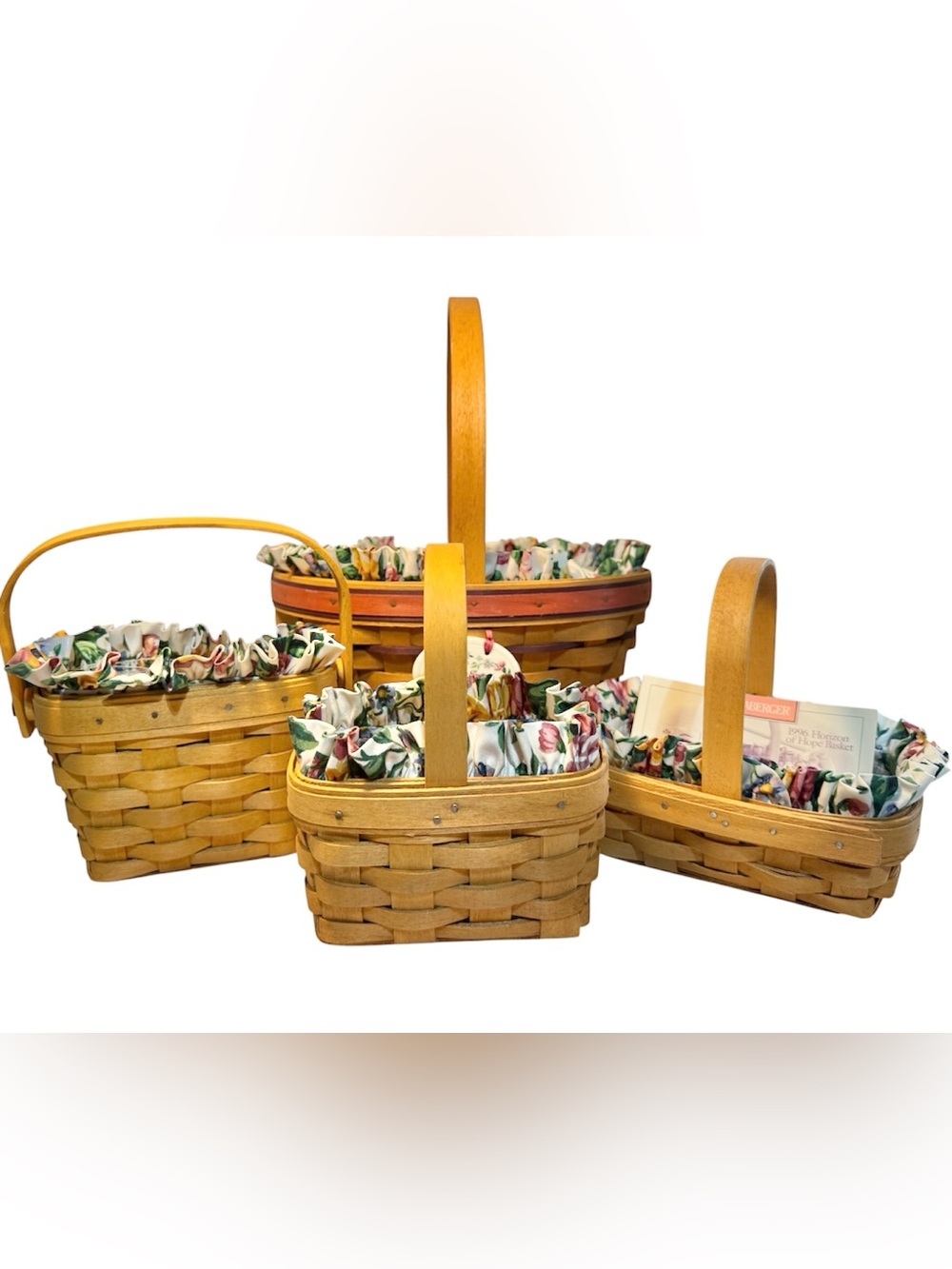 4Longaberger Natural Wood Woven Baskets w/floral Fabric Liners & plastic inserts